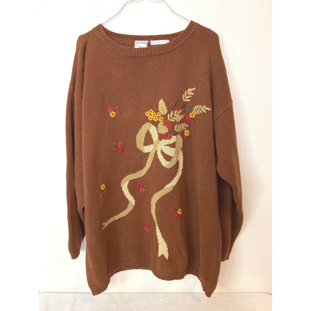Jantzen Classics Vintage Brown Hand Embroidered Floral Bow Sweater 2X Plus